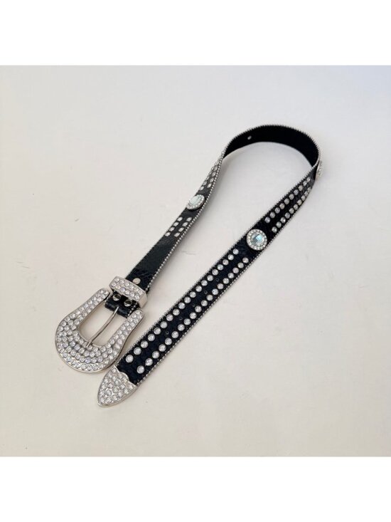 Y2K Western Leather Rhinestone Studded Belt Black Bling Horseshoe Buckle Boho Ro main image 4
